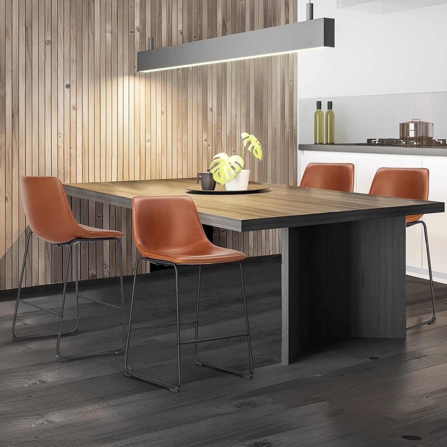 Counter Height Bar Stools Set of 2, Modern Counter Stool Faux Leather Barstools with Back, 26 inch Seat Height Island Stools Countertop Comfortable Brown Bar Chairs with Metal Legs