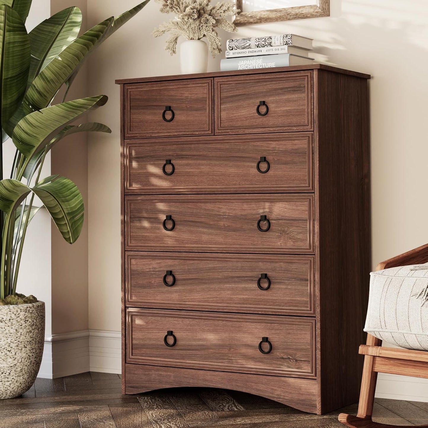 Dresser for Bedroom Tall, Mid Century Modern 6 Drawer Dresser, Cherry Wood Dresser with Large Dresser, Chest of Drawers,Storage for Clothes, Vintage, for Living Room, Bedroom, Hallway