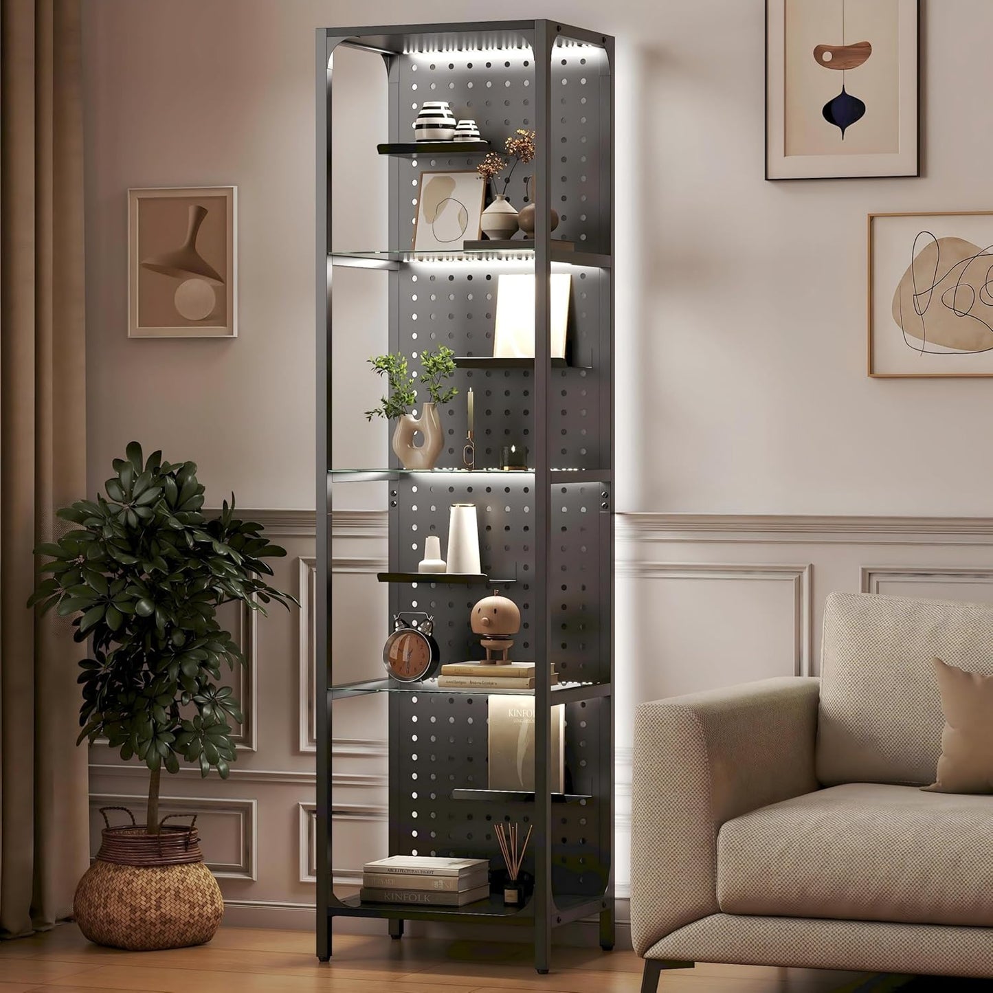 Glass Display Shelf for Collectibles, LED Black Curio Cabinet, Lighted Tall Narrow Pegboard Steel Frame for Gaming Room, Floor Lamp With Shelf, Living Room, Bedroom, Small