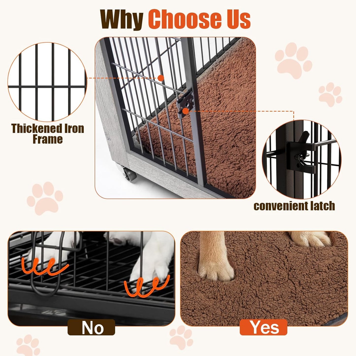 32 Inch Dog Crate Furniture with Cushion, Double Doors Wooden Dog Kennel Cage Indoor with Wheels, Pet House Decorative Side End Table for Small Medium Dogs, Gray