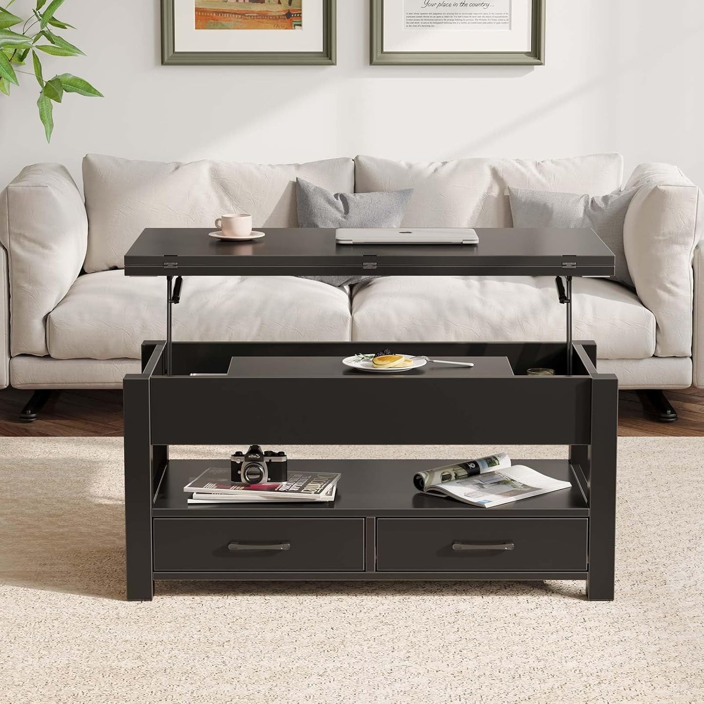 Coffee Table Lift Top, Multi-Function Convertible Coffee Table with Drawers and Hidden Compartment, Converts to Dining Table for Living Room, Home Office,Black
