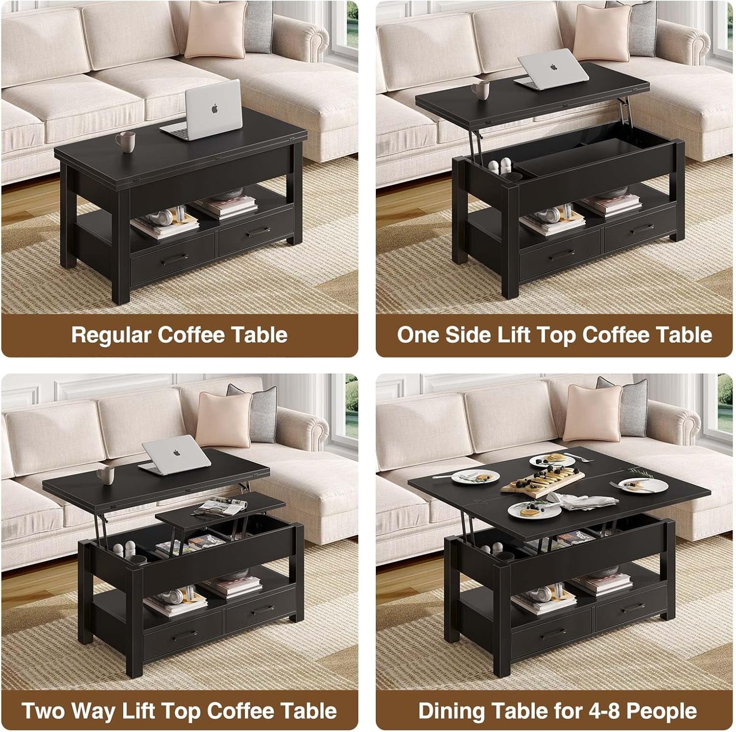 Coffee Table Lift Top, Multi-Function Convertible Coffee Table with Drawers and Hidden Compartment, Converts to Dining Table for Living Room, Home Office,Black