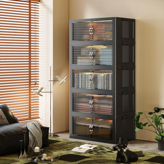 136Gal/543Qt Stackable Storage Bins Folding Collapsible Storage Bins with Lid, Closet Organizers and Storage, Storage Box with Door Black 26" W x 17" D x 71" H