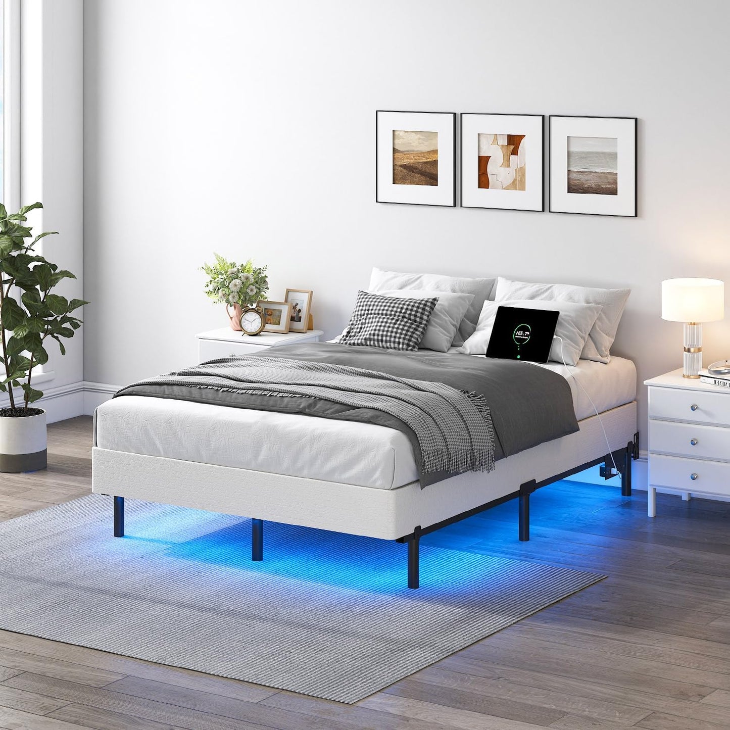 Queen Bed Frame for Box Spring, 7 Inch Metal Bed Frame with LED Lights, 9-Legs Support Bed Base, Tool-Free Easy Assembly