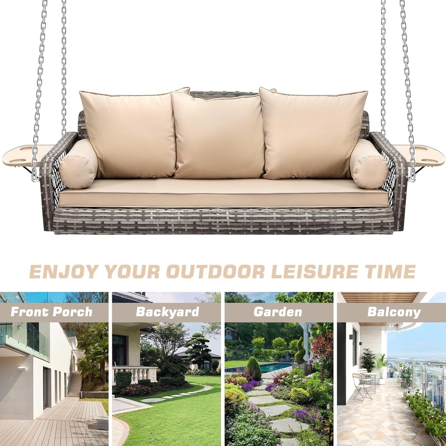 3 Person Porch Swing Patio Wicker Hanging Porch Swing Chair Outdoor Rattan Swing Bench with Cushion and Pillow for Garden, Yard, Lawn (Gray Rattan Khaki Cushion)