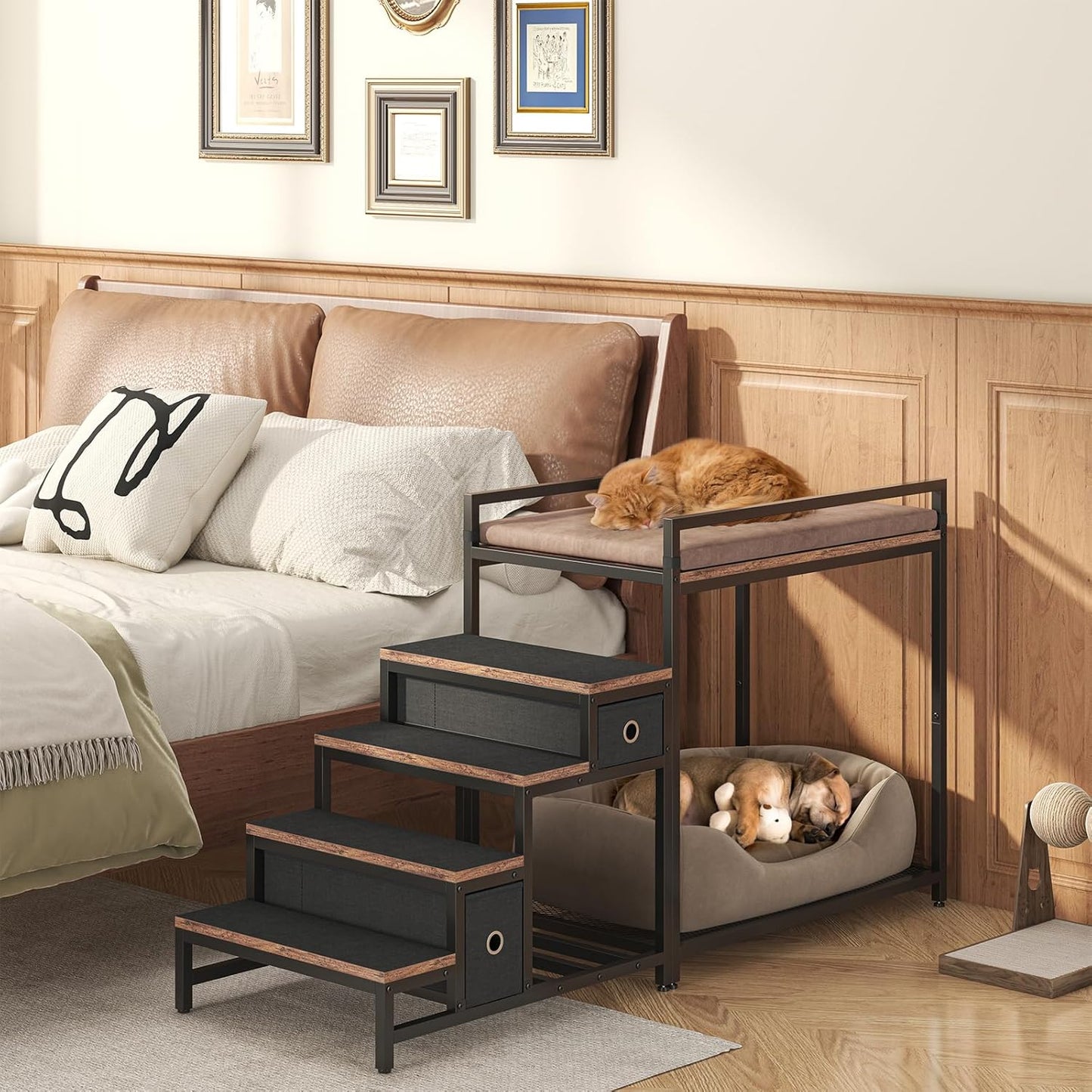 Pet Bunk Bed with Stairs and Storage, Dogs/Cats Window Perch, Bedside Lounge Elevated Dog Bed Multi-Level Platform with Foam Upholstery
