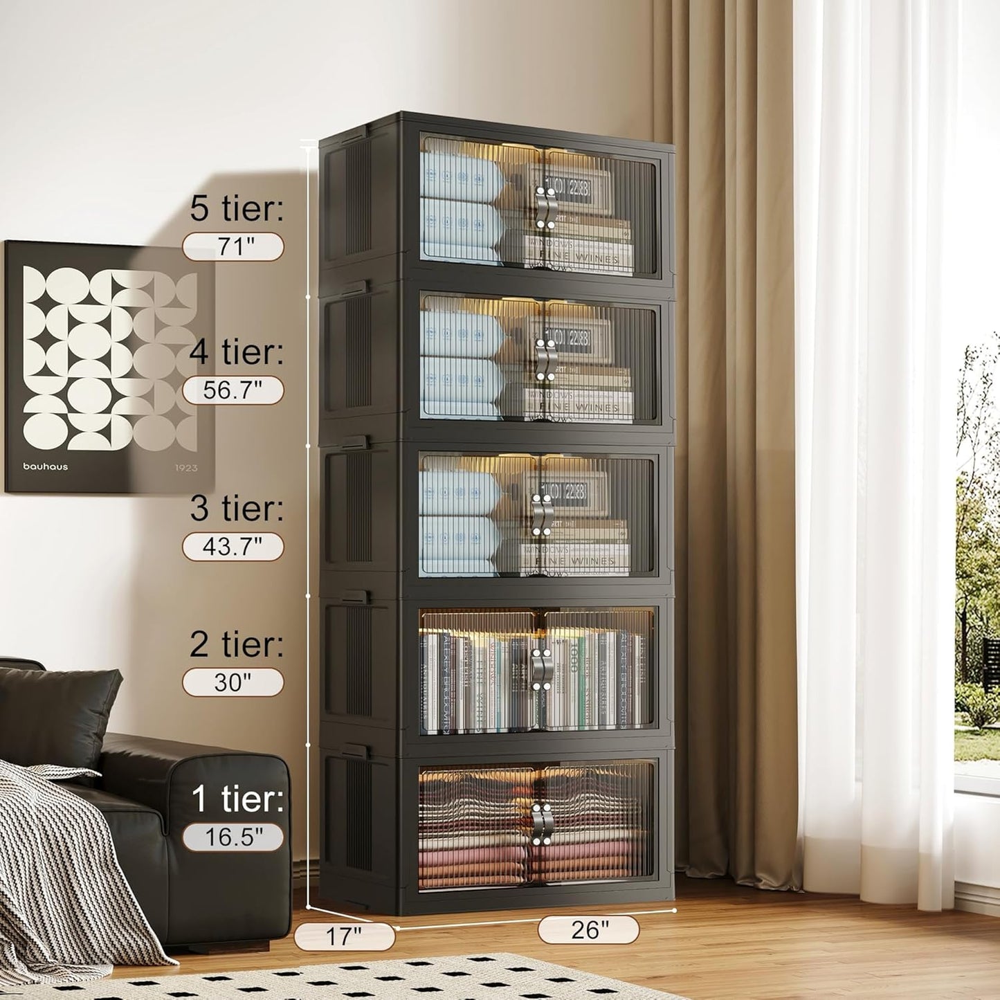 136Gal/543Qt Stackable Storage Bins Folding Collapsible Storage Bins with Lid, Closet Organizers and Storage, Storage Box with Door Black 26" W x 17" D x 71" H