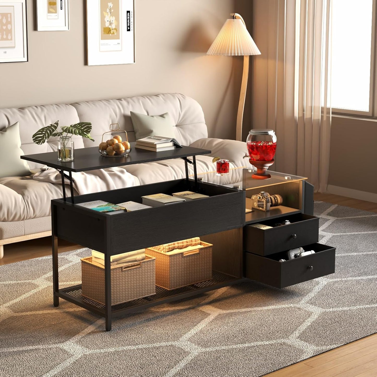 Lift Top Coffee Table with LED Light & Power Outlet, Retro Coffee Tables with Storage Drawers Hidden Compartment, Centre Table with Tempered Glass Top, Side Bag for Living Room (Black)