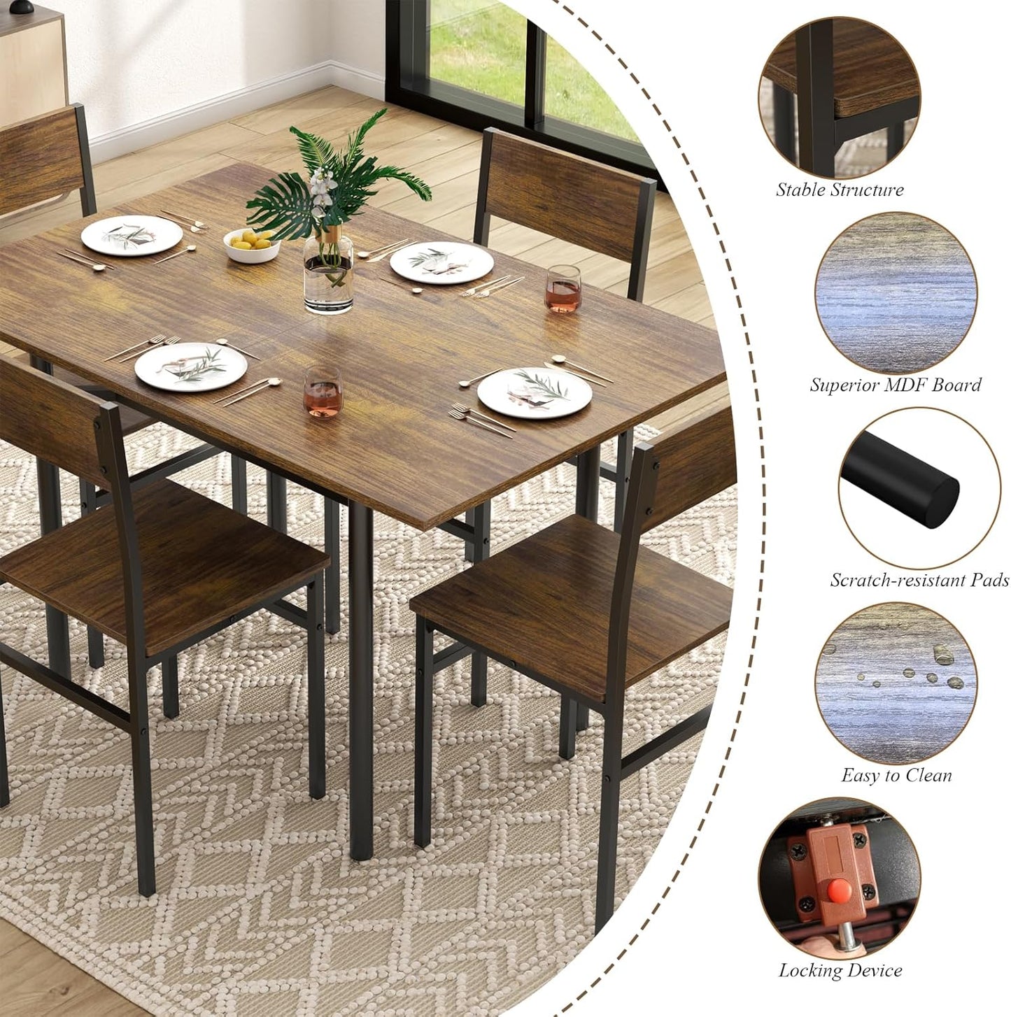 Dining Table Set for 2-6,Folding Dining Table with Storage Rack,5-Piece Extendable Kitchen Table Set with Space-Saving,Dining Room Table Set with 4 Chairs for Dinner Kitchen Office Furniture (Brown)