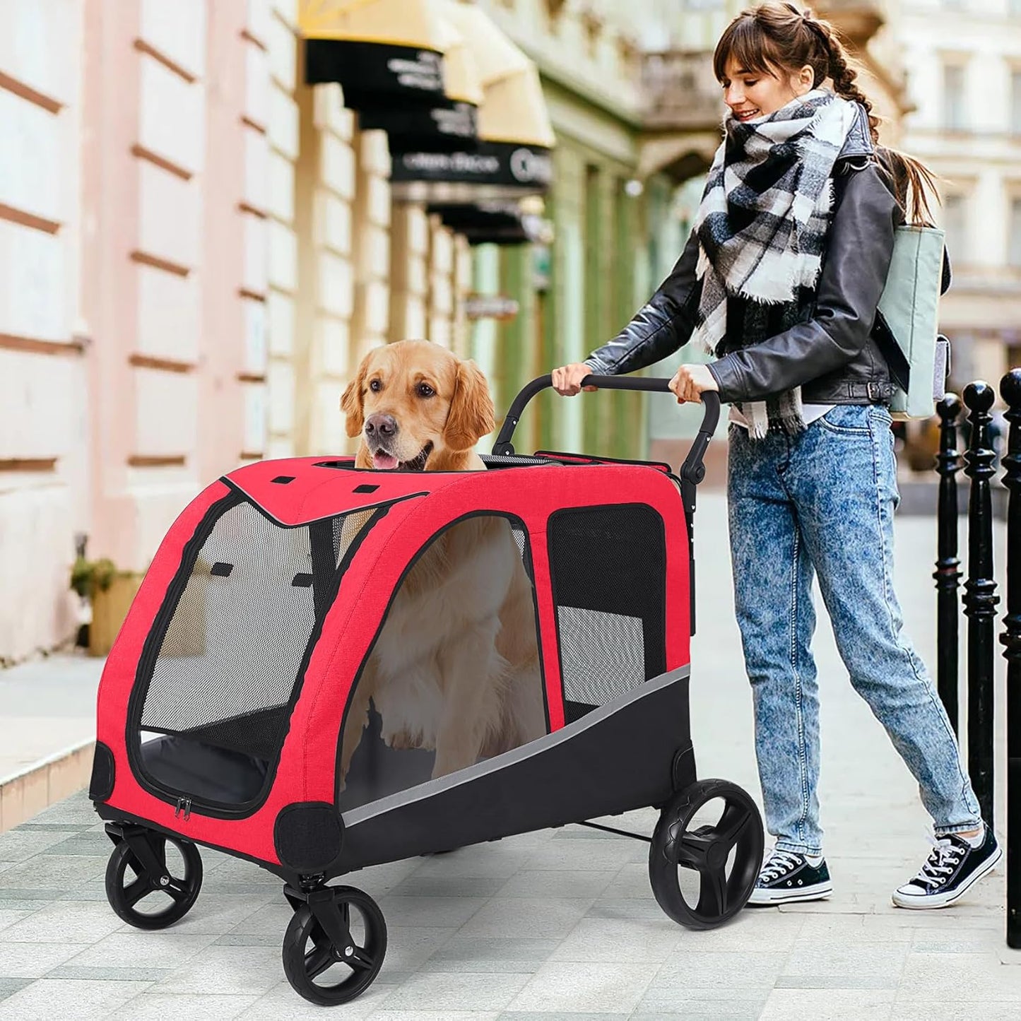 Dog Stroller For Large Dogs, Extra Large Pet Stroller For For Medium Dogs, Dog Stroller For 2 Dogs, Dog Wagon, Dog Carriage, Foldable Design, Adjustable Handle, With Pocket, Up To 160 lbs, Red