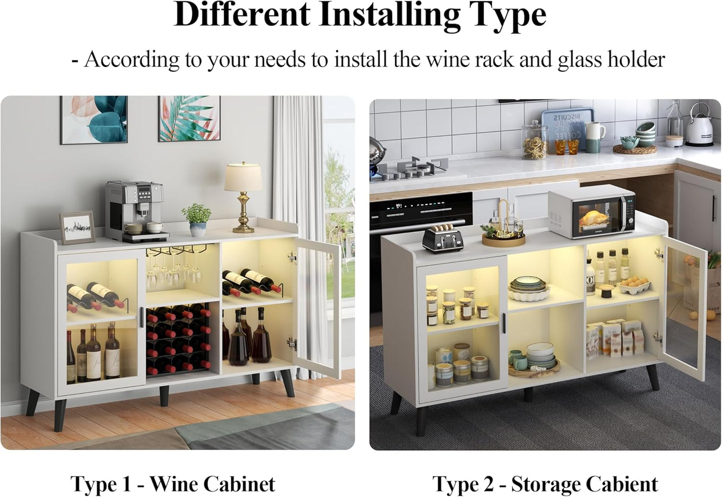 Wine Bar Cabinet with LED Light, Home Coffee Cabinet with Wine Rack and Glass Holder, Kitchen Buffet Sideboard W Storage Shelf, Freestanding Liquor Cabinet for Living Room, Dining Room (White)
