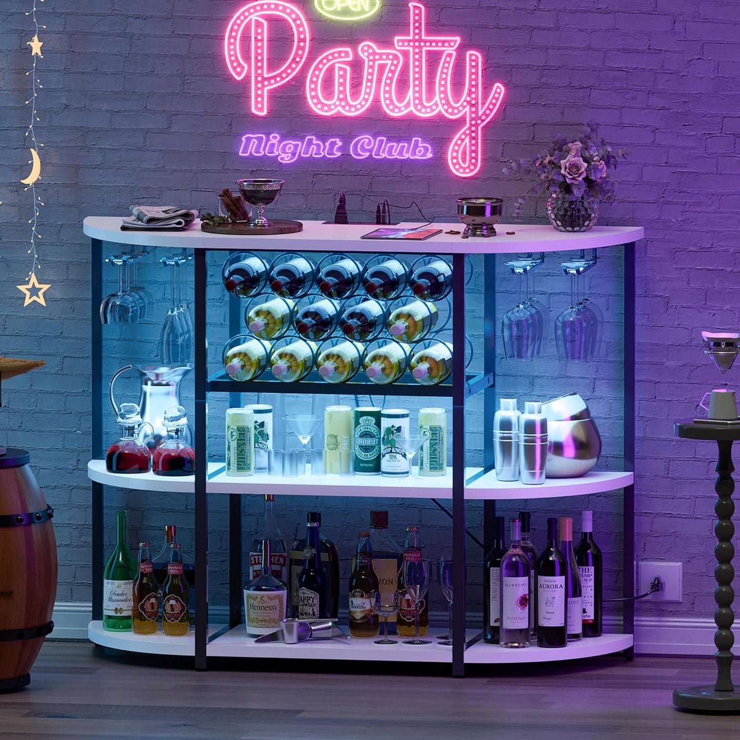 Wine Bar Cabinet for Liquor Bar Table Bar Cabinet with Lights and Outlet 4-Tier Storage Freestanding Wine Racks with Glass Holder Mini Bars for Home, Bar
