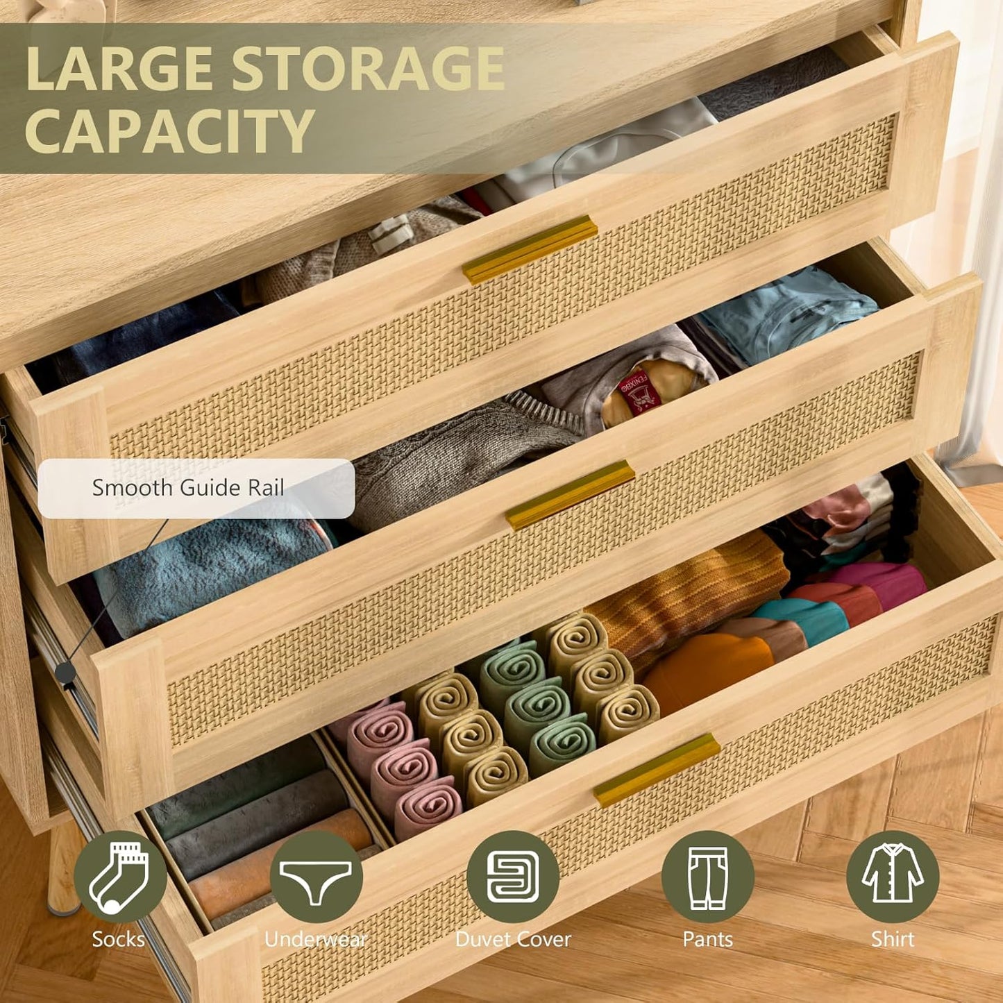 3 Drawer Dresser for Bedroom, Rattan Chest of Dressers, Boho Rattan Dresser Modern Wood Chest of Drawers with Golden Handles, Beside Table for Entryway, Living Room, Hallway, Bedroom (3 Drawers)