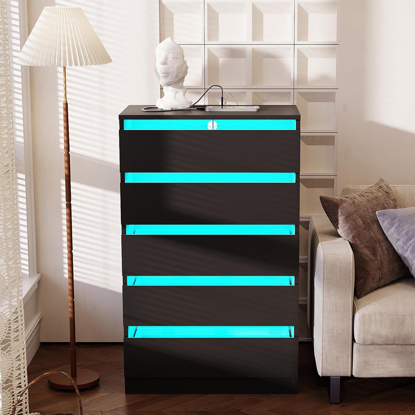 5 Drawer Tall Dresser with Power Outlets & LED Lights, Black Dresser with Embedded Handle, Modern Wood Dresser for Bedroom, Living Room, Hallway