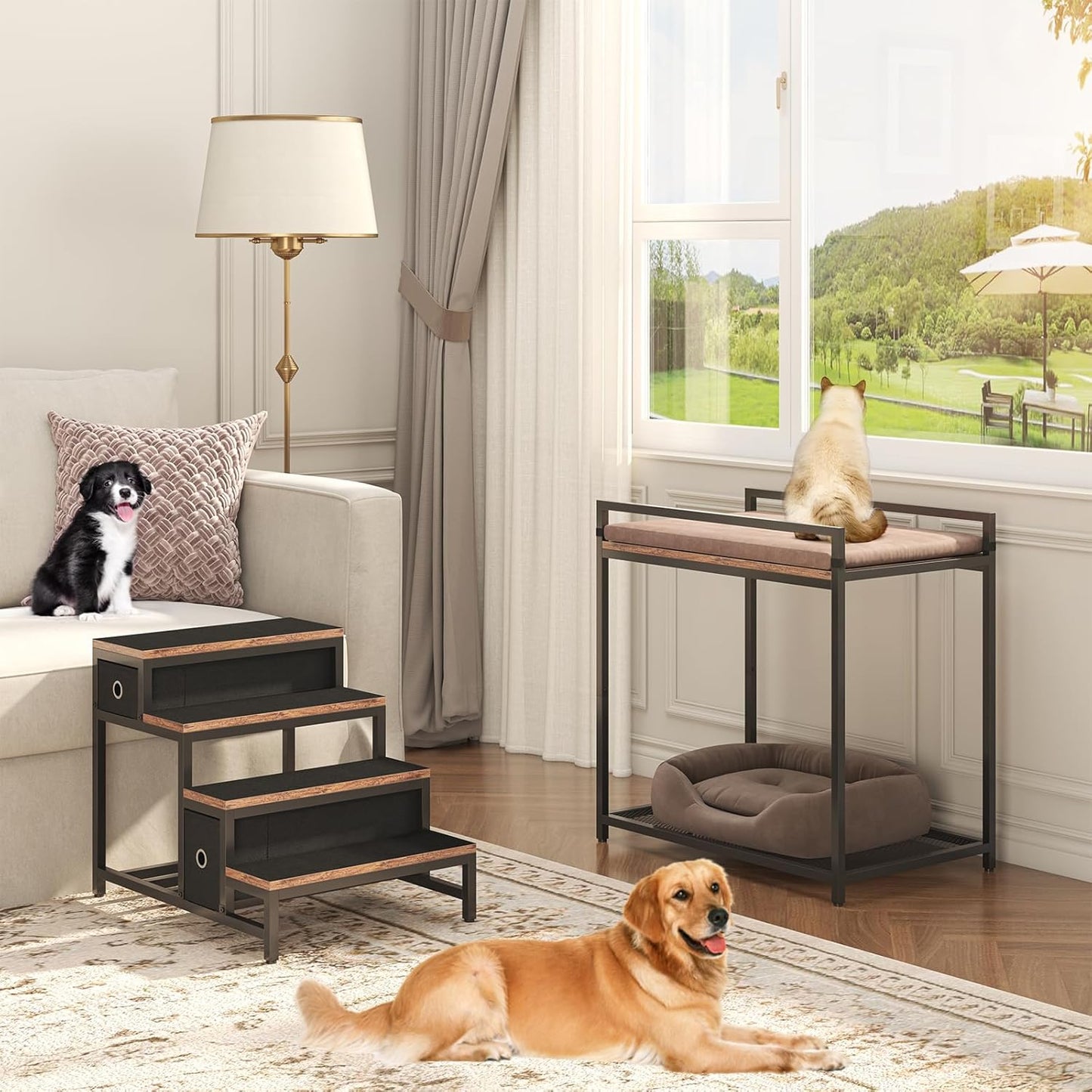 Pet Bunk Bed with Stairs and Storage, Dogs/Cats Window Perch, Bedside Lounge Elevated Dog Bed Multi-Level Platform with Foam Upholstery