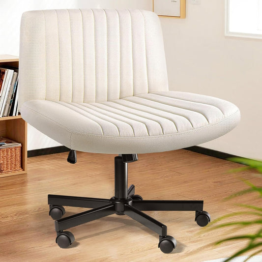Armless Chair with Wheels, Armless Wide Cross Legged Office Desk Chairs, Fabric Rocking Swivel Computer Task Vanity Makeup Chair for Home Office