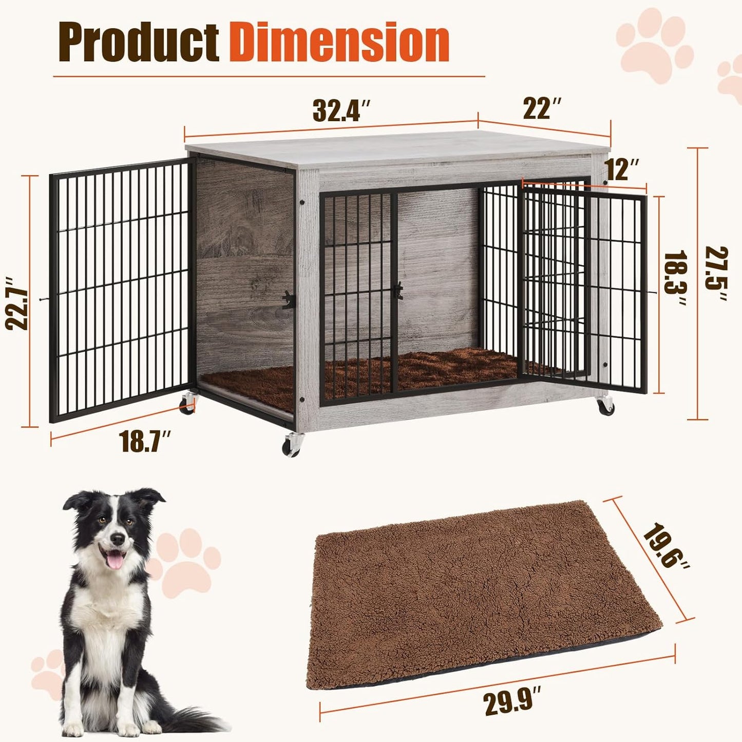32 Inch Dog Crate Furniture with Cushion, Double Doors Wooden Dog Kennel Cage Indoor with Wheels, Pet House Decorative Side End Table for Small Medium Dogs, Gray