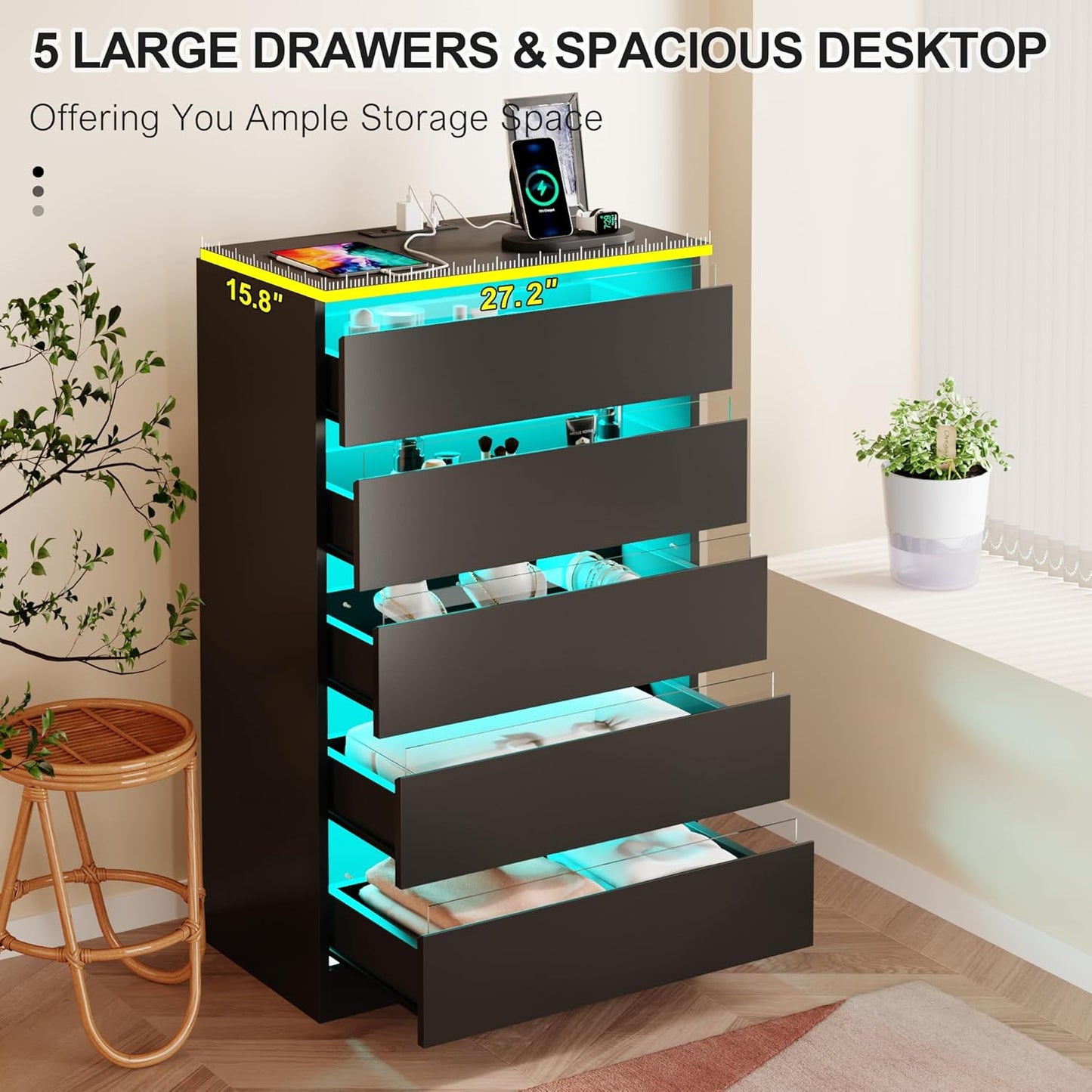 5 Drawer Tall Dresser with Power Outlets & LED Lights, Black Dresser with Embedded Handle, Modern Wood Dresser for Bedroom, Living Room, Hallway