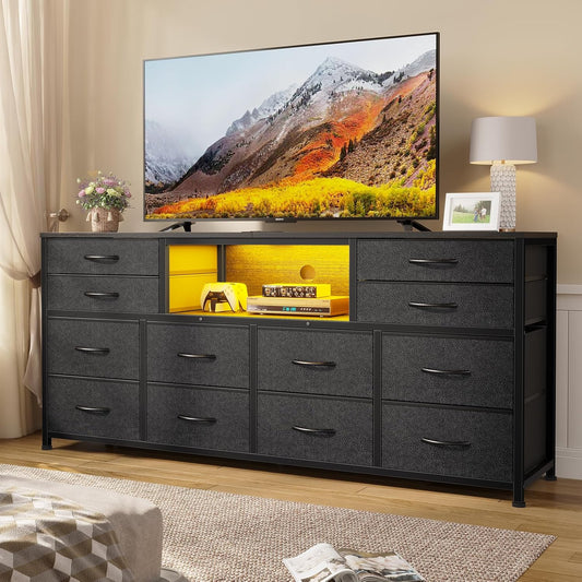 LED TV Stand Dresser for Bedroom with Power Outlets, 55 inch Entertainment Center with 12 Drawers, Media Console Table for 32/45/55/65 inch TVs, Chest of Drawers for Bedroom, PU Black