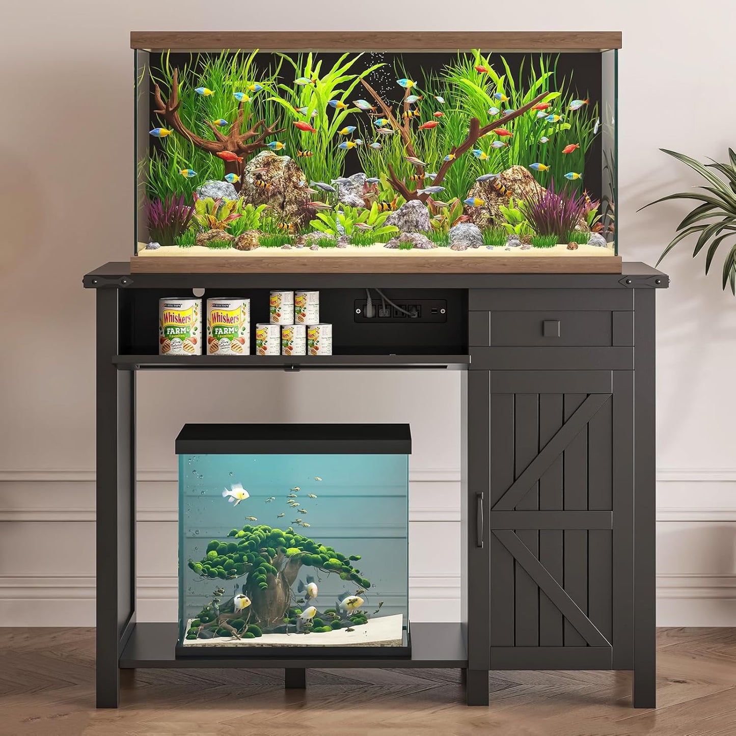 40 Gallon Aquarium Stand With Charging Station, Farmhouse Fish Tank Stand, Reptile Tank Stand Terrarium Stand with Drawer and Cabinet Storage, Sturdy Heavy Duty 41.9"×18.3" Tabletop - Black