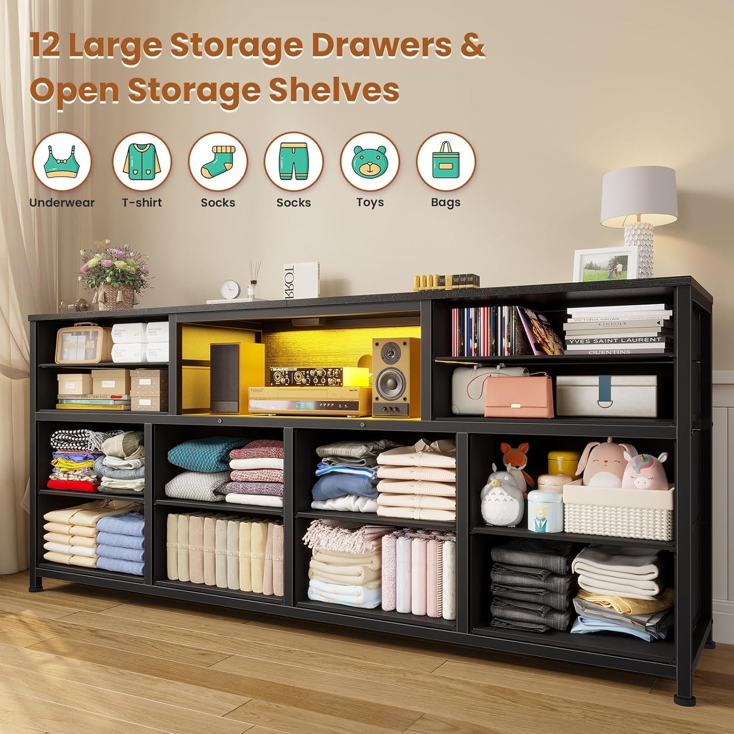 LED TV Stand Dresser for Bedroom with Power Outlets, 55 inch Entertainment Center with 12 Drawers, Media Console Table for 32/45/55/65 inch TVs, Chest of Drawers for Bedroom, PU Black