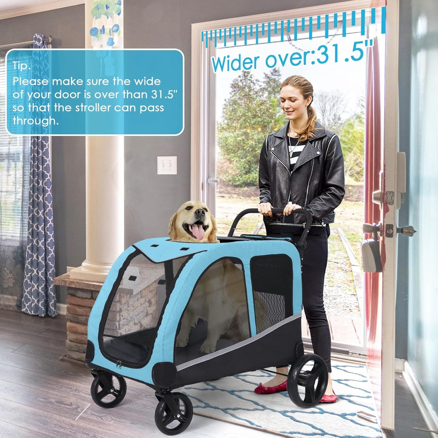 Dog Stroller For Large Dogs, Extra Large Pet Stroller For For Medium Dogs, Dog Stroller For 2 Dogs, Dog Wagon, Dog Carriage, Foldable Design, Adjustable Handle, With Pocket, Up To 160 lbs, Red