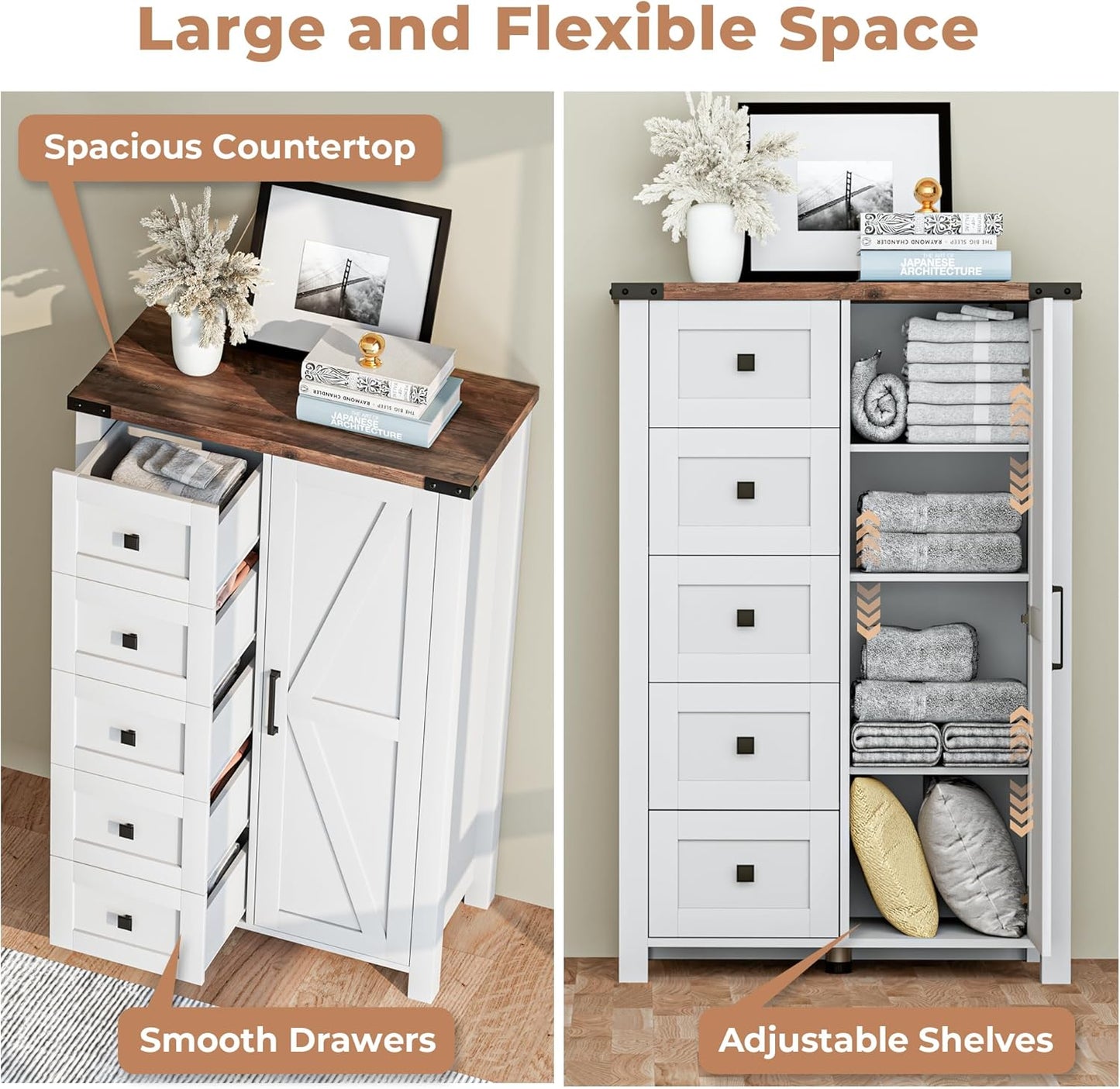 Farmhouse Dresser Storage Cabinet Chest of Drawer for Bedroom, 5 Drawer Dresser with Barn Door, 48 Inch Tall White Wood Dresser, Adjustable Shelves, Rustic, for Living Room, Entryway, Hallway