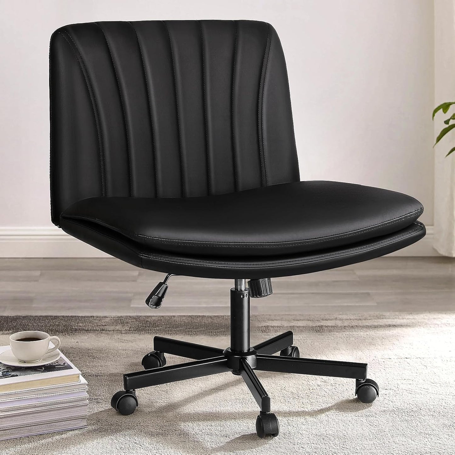 Modern Black Criss Cross Office Chair, Comfy Cross Legged Desk Chair with Wheels, PU Leather Armless Makeup Vanity Chair, Swivel Height Adjustable Mid Back Wide Seat Computer Task Chair