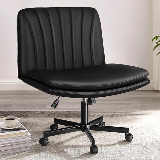 Modern Black Criss Cross Office Chair, Comfy Cross Legged Desk Chair with Wheels, PU Leather Armless Makeup Vanity Chair, Swivel Height Adjustable Mid Back Wide Seat Computer Task Chair