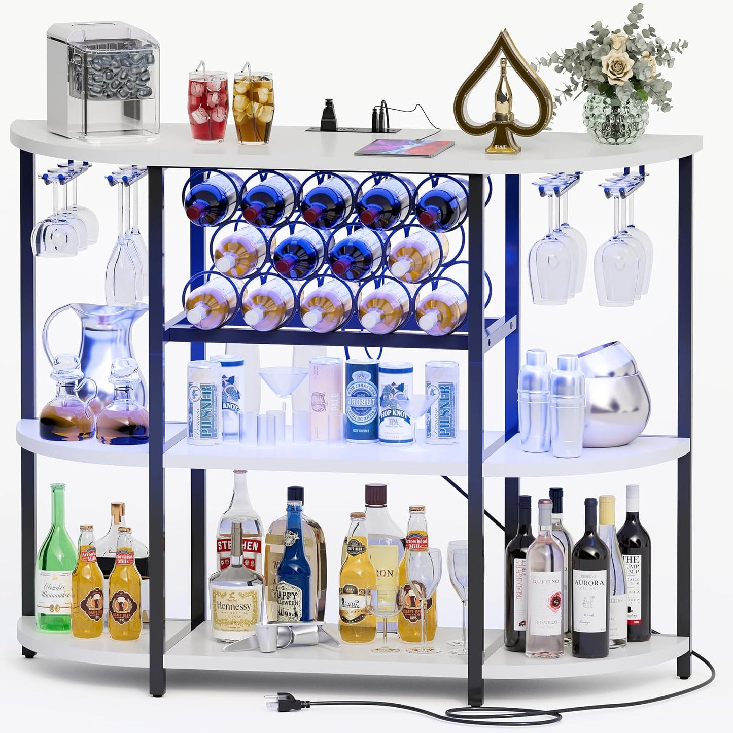 Wine Bar Cabinet for Liquor Bar Table Bar Cabinet with Lights and Outlet 4-Tier Storage Freestanding Wine Racks with Glass Holder Mini Bars for Home, Bar
