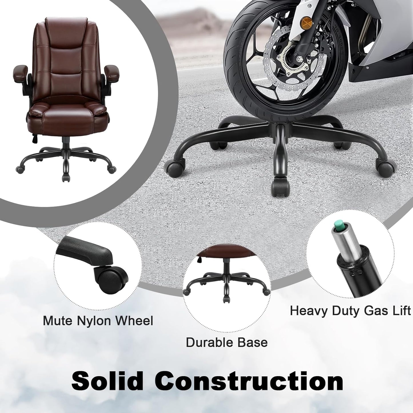 Big and Tall Office Chair Computer Desk Chair - Ergonomic High Back Lumbar Support Home Office Chair with Padded Flip-up Arms, Adjustable Height Leather Office Executive Chair (Brown)