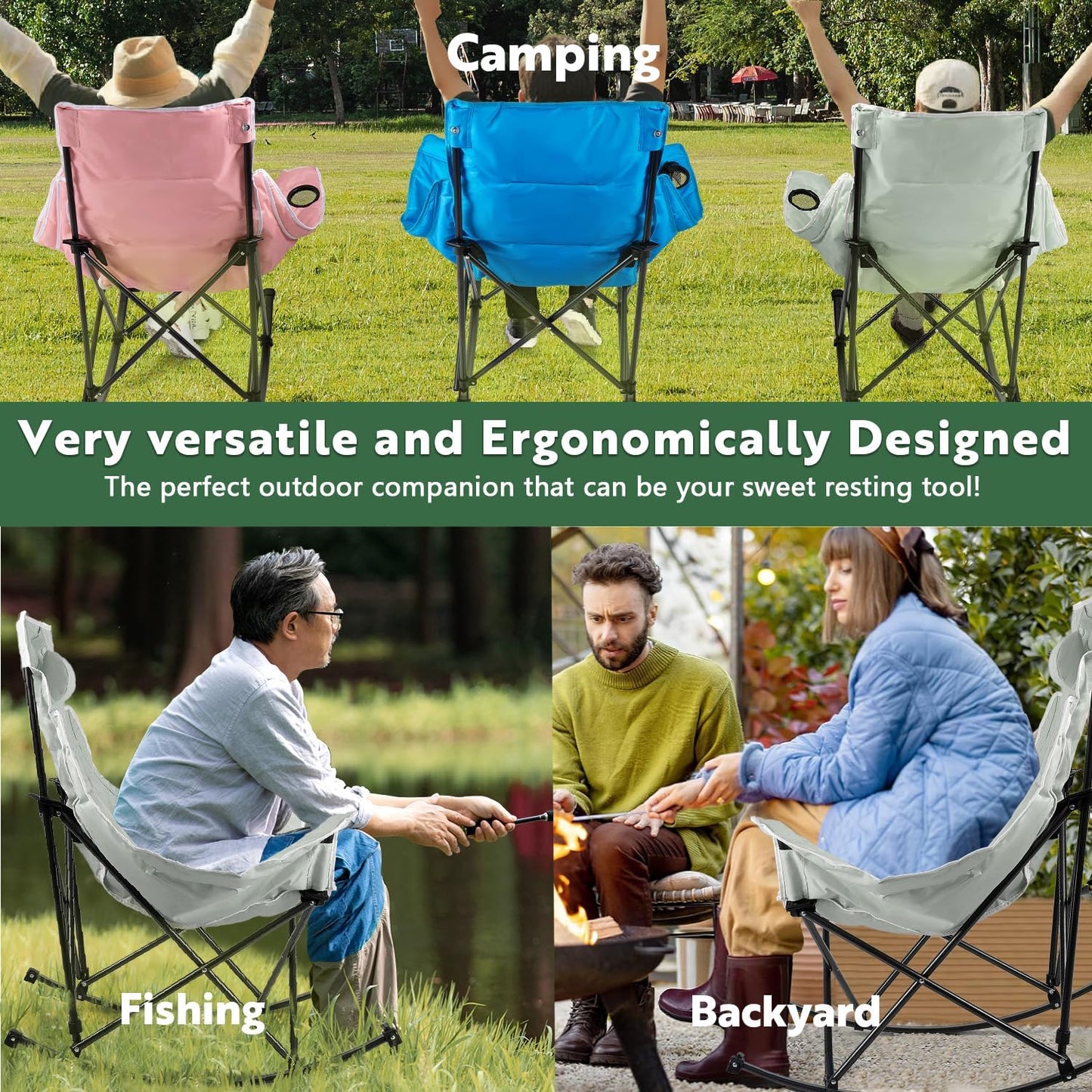 Oversized Rocking Camping Chair, Luxury Padded Recliner,Oversized Folding Lawn Chair with Pocket and Carry Bag,Outdoor Camp Rocker Chairs for Adults Heavy Duty 300 LBS (Grey)