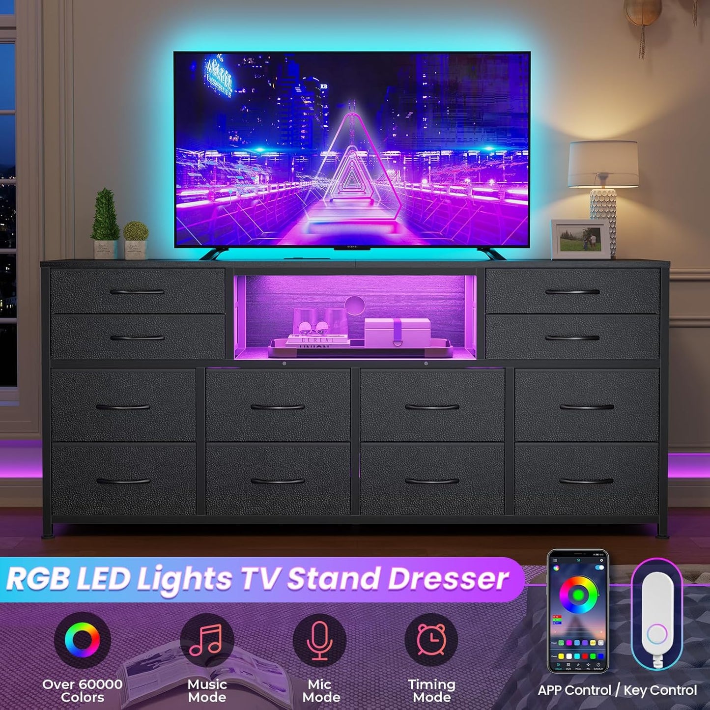 LED TV Stand Dresser for Bedroom with Power Outlets, 55 inch Entertainment Center with 12 Drawers, Media Console Table for 32/45/55/65 inch TVs, Chest of Drawers for Bedroom, PU Black