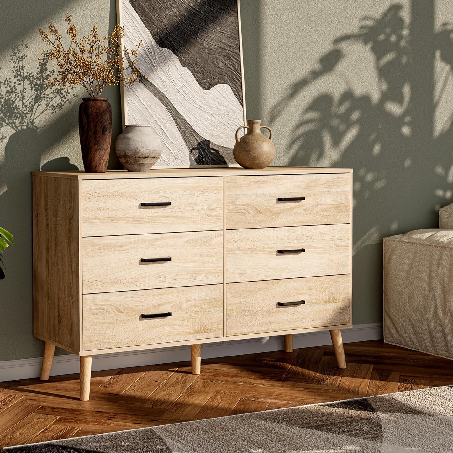 Wood Dresser for Bedroom, 6 Drawer Dresser with Metal Handles, Mid Century Modern Dresser Double Chest of Drawer (Light Oak)