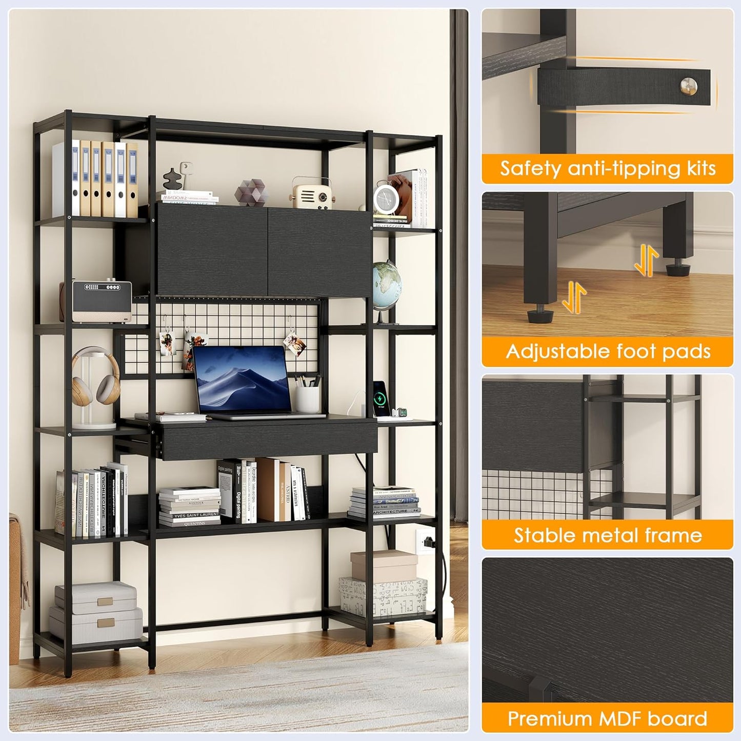 5 Tiers Black Bookshelf with Home Office Desk and RGB Lights and Power Outlet, 71.1" Tall Book Shelf with Drawer & Storage Cabinet & 12 Storage Shelves, Large Bookcase with 2 Doors, Black