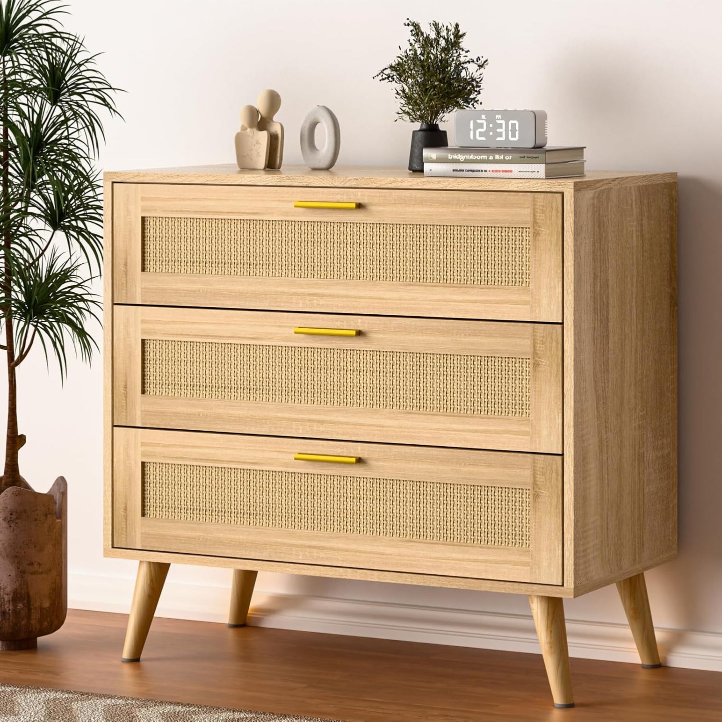 3 Drawer Dresser for Bedroom, Rattan Chest of Dressers, Boho Rattan Dresser Modern Wood Chest of Drawers with Golden Handles, Beside Table for Entryway, Living Room, Hallway, Bedroom (3 Drawers)
