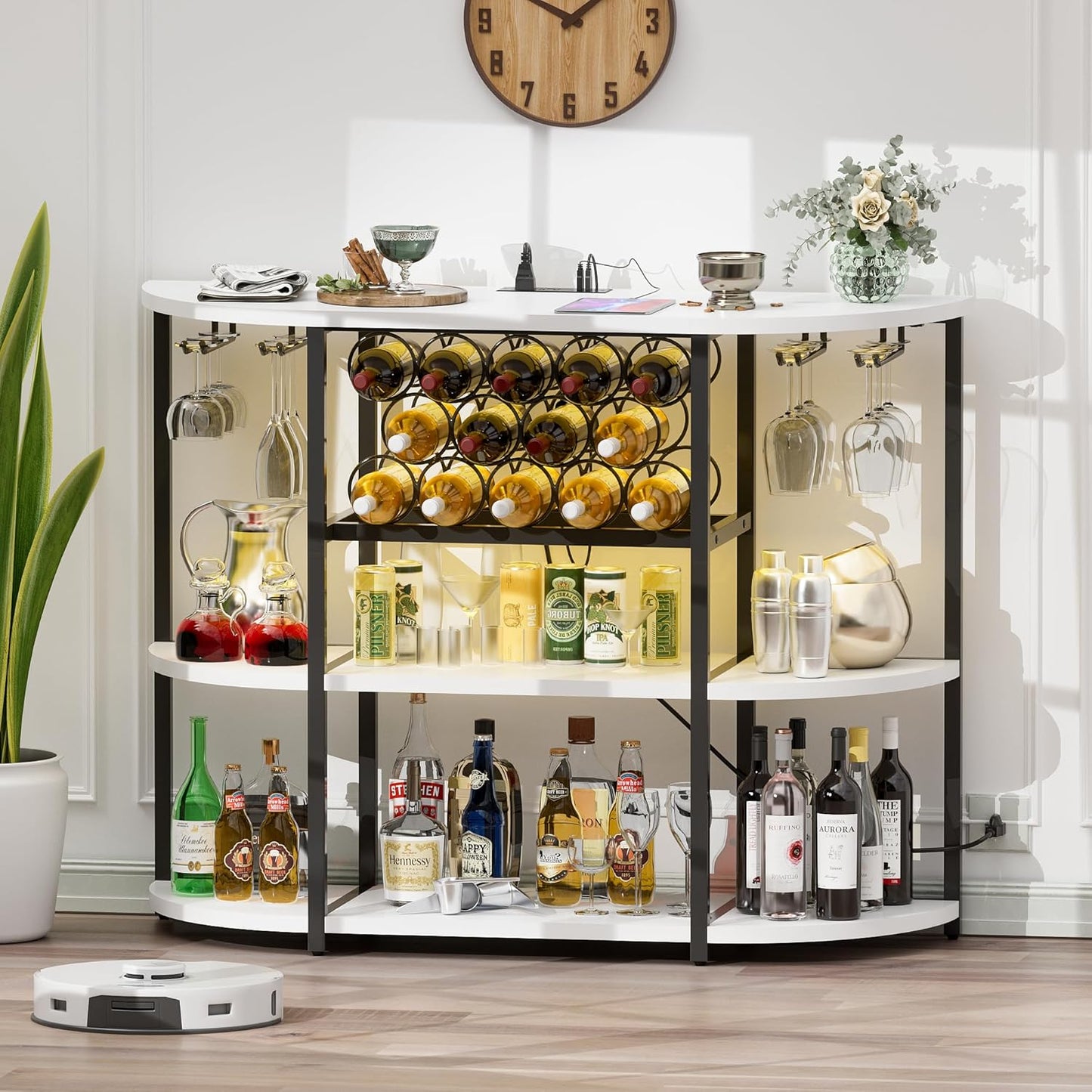 Wine Bar Cabinet for Liquor Bar Table Bar Cabinet with Lights and Outlet 4-Tier Storage Freestanding Wine Racks with Glass Holder Mini Bars for Home, Bar