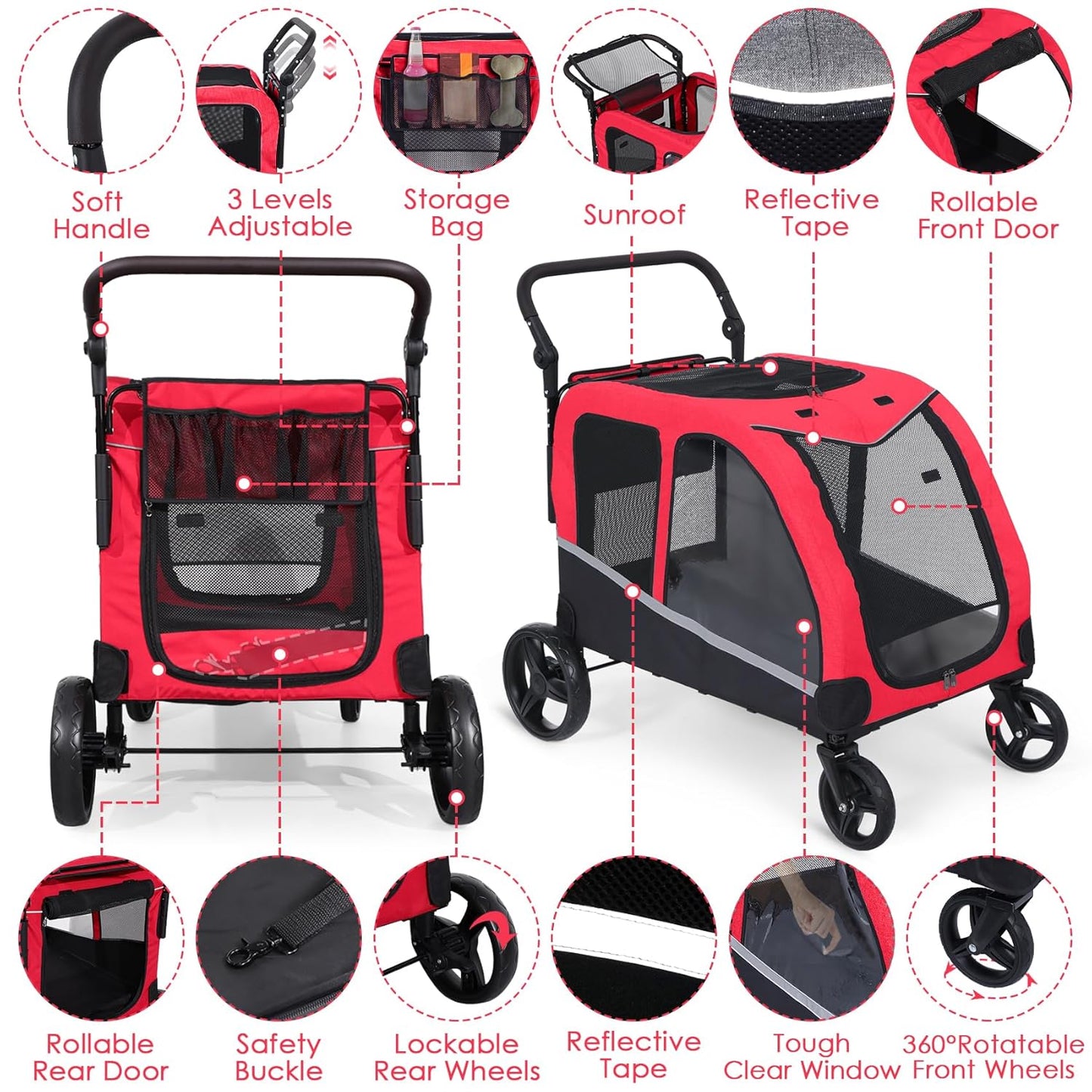 Dog Stroller For Large Dogs, Extra Large Pet Stroller For For Medium Dogs, Dog Stroller For 2 Dogs, Dog Wagon, Dog Carriage, Foldable Design, Adjustable Handle, With Pocket, Up To 160 lbs, Red