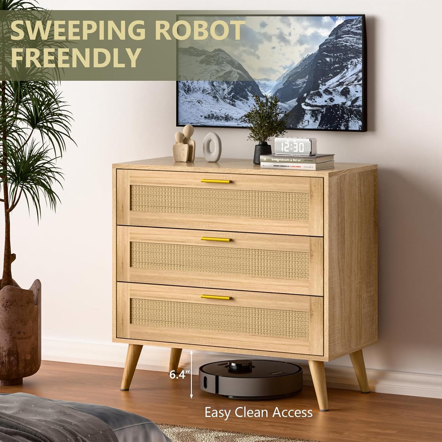 3 Drawer Dresser for Bedroom, Rattan Chest of Dressers, Boho Rattan Dresser Modern Wood Chest of Drawers with Golden Handles, Beside Table for Entryway, Living Room, Hallway, Bedroom (3 Drawers)
