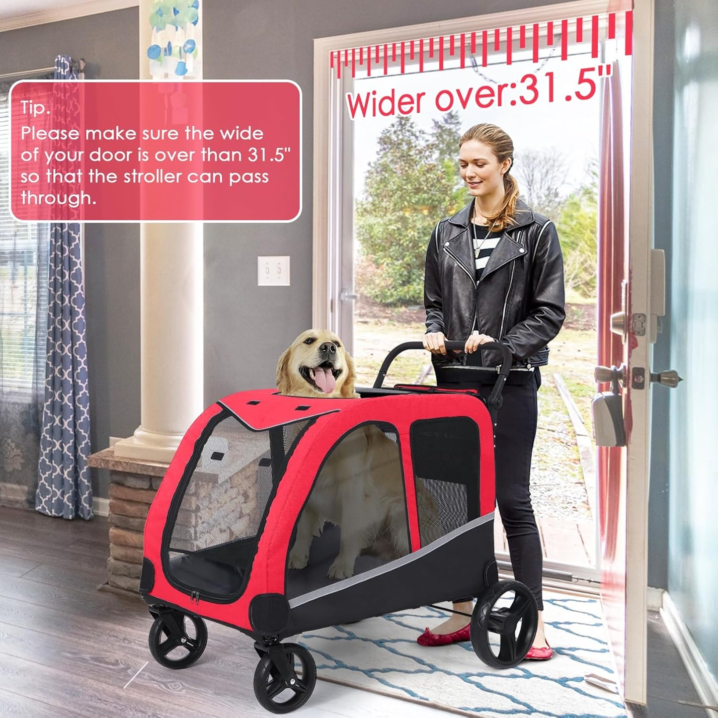 Dog Stroller For Large Dogs, Extra Large Pet Stroller For For Medium Dogs, Dog Stroller For 2 Dogs, Dog Wagon, Dog Carriage, Foldable Design, Adjustable Handle, With Pocket, Up To 160 lbs, Red