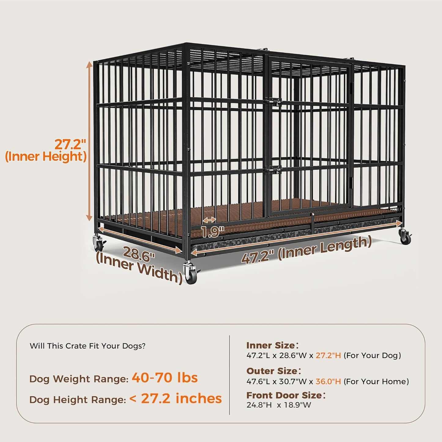 48" Heavy Duty Dog Crates for Large Dogs, Upgraded 4 Lockable Wheels, Removable Door, Dog Kennel Indoor, Max Load 300Lbs, Easy to Clean, Removable Tray, XL Dog Cage for Large and Medium Dogs