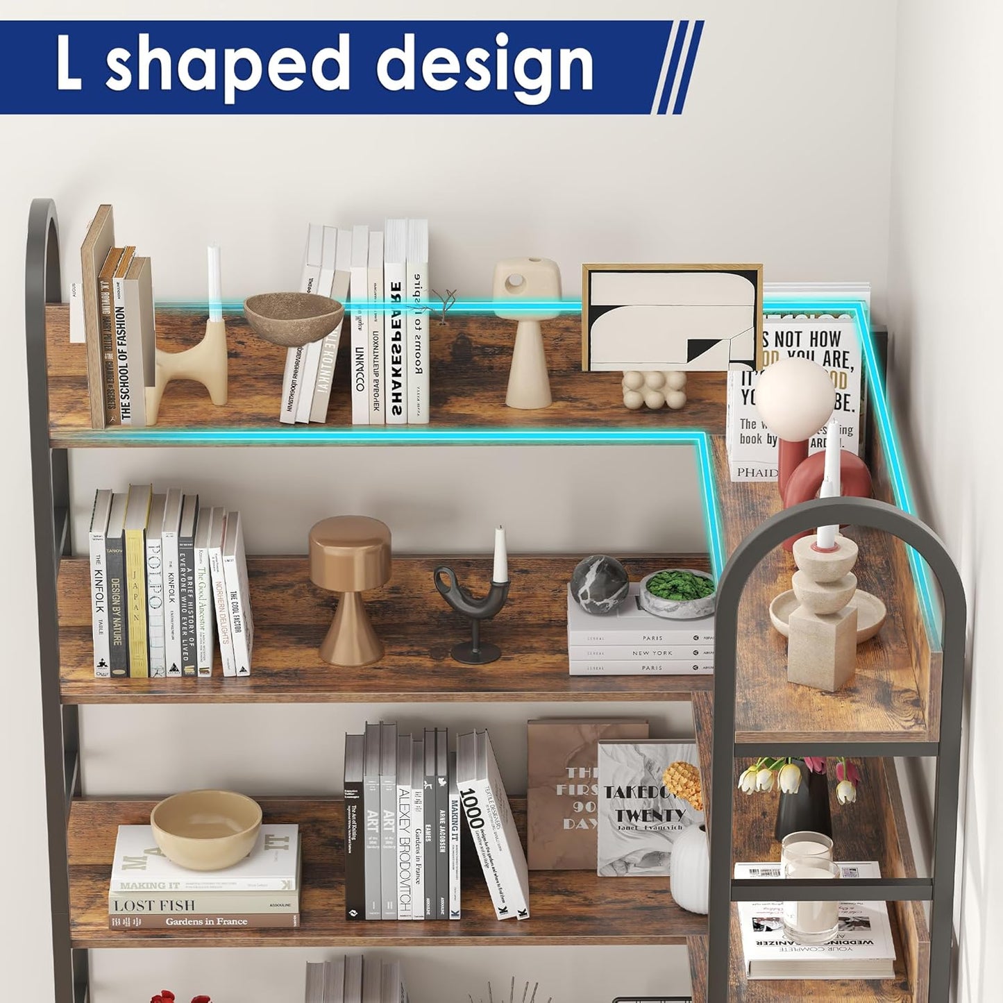 L Shaped Corner Bookcase and Bookshelves, 5-Tier Tall Open Shelf Etagere Bookcase, Wood and Metal Large Library Industrial Bookcases Display Rack for Living Room Home Office,Black+Brown