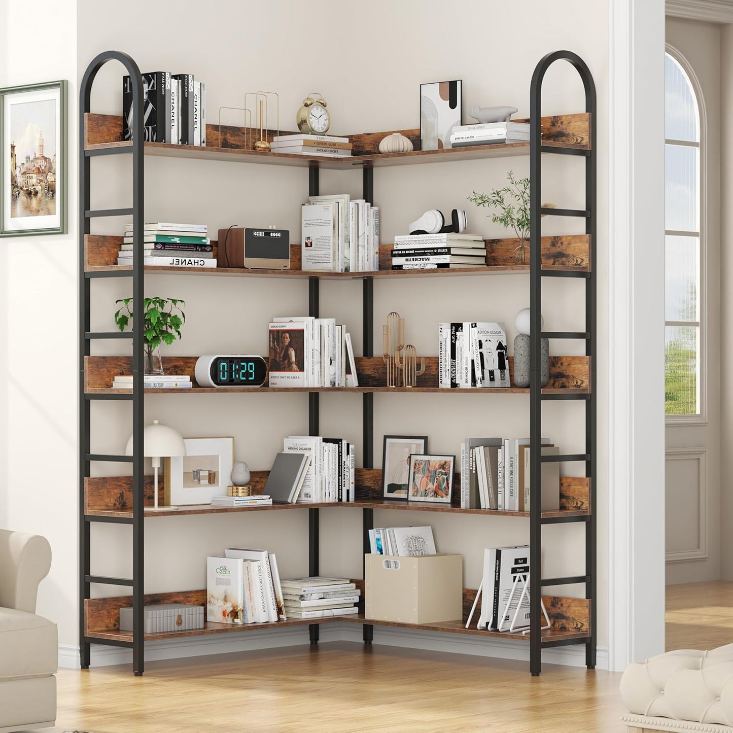 L Shaped Corner Bookcase and Bookshelves, 5-Tier Tall Open Shelf Etagere Bookcase, Wood and Metal Large Library Industrial Bookcases Display Rack for Living Room Home Office,Black+Brown