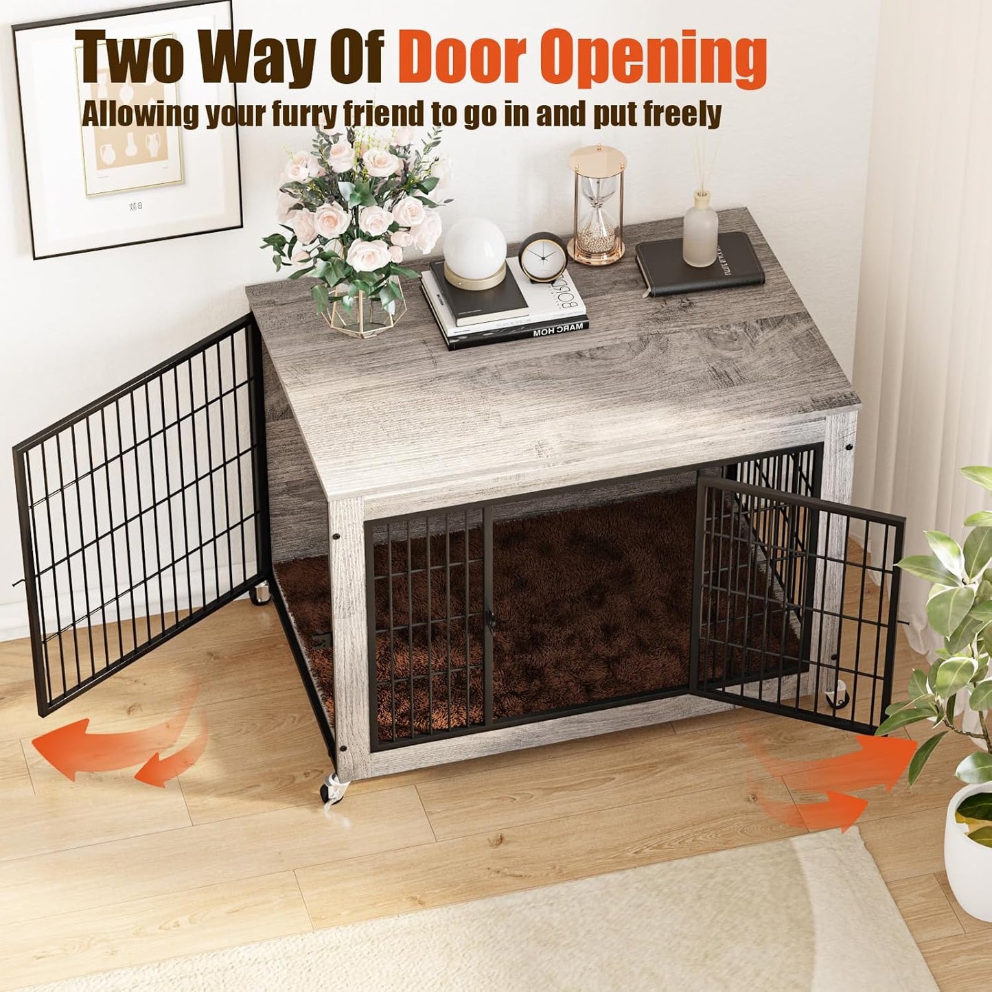 32 Inch Dog Crate Furniture with Cushion, Double Doors Wooden Dog Kennel Cage Indoor with Wheels, Pet House Decorative Side End Table for Small Medium Dogs, Gray