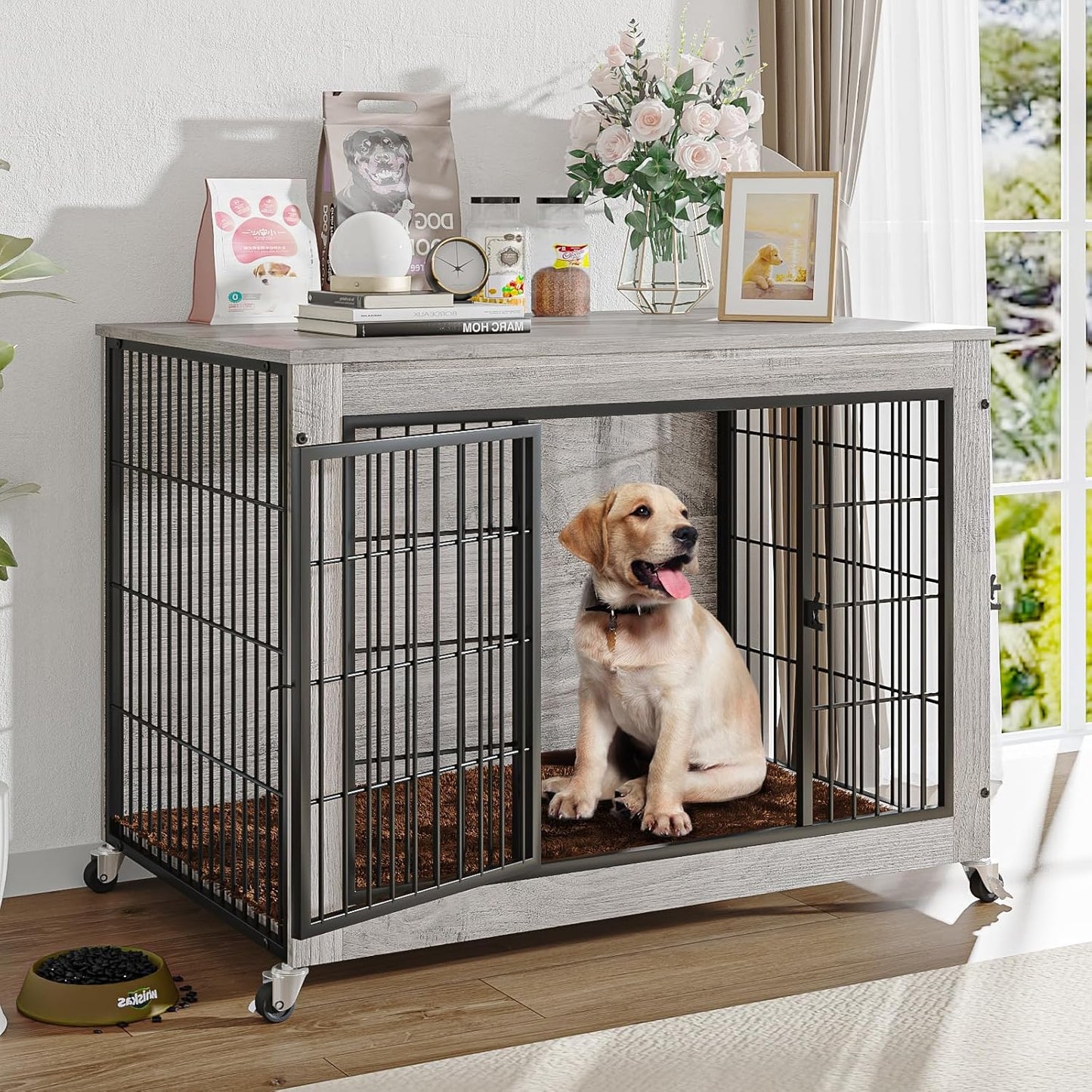 32 Inch Dog Crate Furniture with Cushion, Double Doors Wooden Dog Kennel Cage Indoor with Wheels, Pet House Decorative Side End Table for Small Medium Dogs, Gray