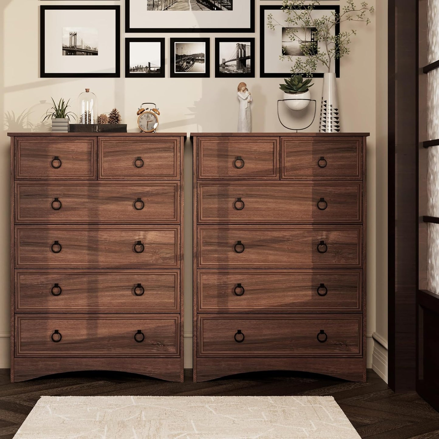 Dresser for Bedroom Tall, Mid Century Modern 6 Drawer Dresser, Cherry Wood Dresser with Large Dresser, Chest of Drawers,Storage for Clothes, Vintage, for Living Room, Bedroom, Hallway