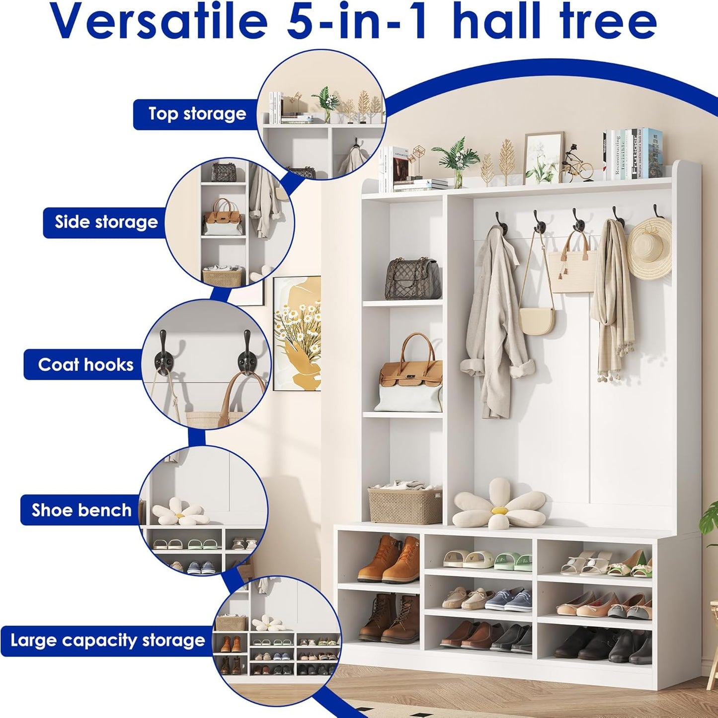 Hall Tree with Bench and Shoe Rack, 5-in-1 Entryway Bench, Coat Rack with 8 Shoe Cubbies & 5 Coat Hooks, Adjustable Shelf, Top and Side Storage, White