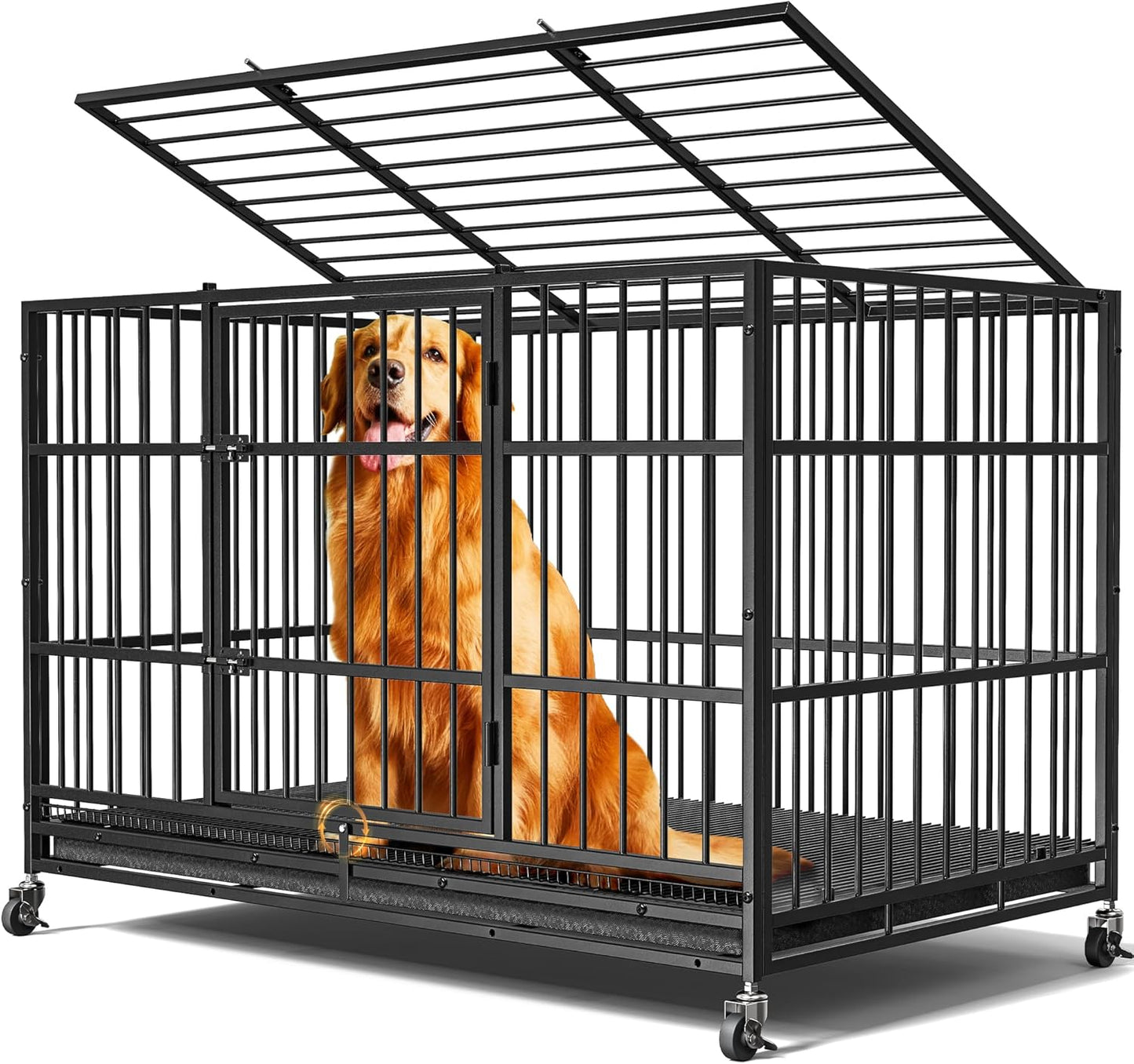 48" Heavy Duty Dog Crates for Large Dogs, Upgraded 4 Lockable Wheels, Removable Door, Dog Kennel Indoor, Max Load 300Lbs, Easy to Clean, Removable Tray, XL Dog Cage for Large and Medium Dogs