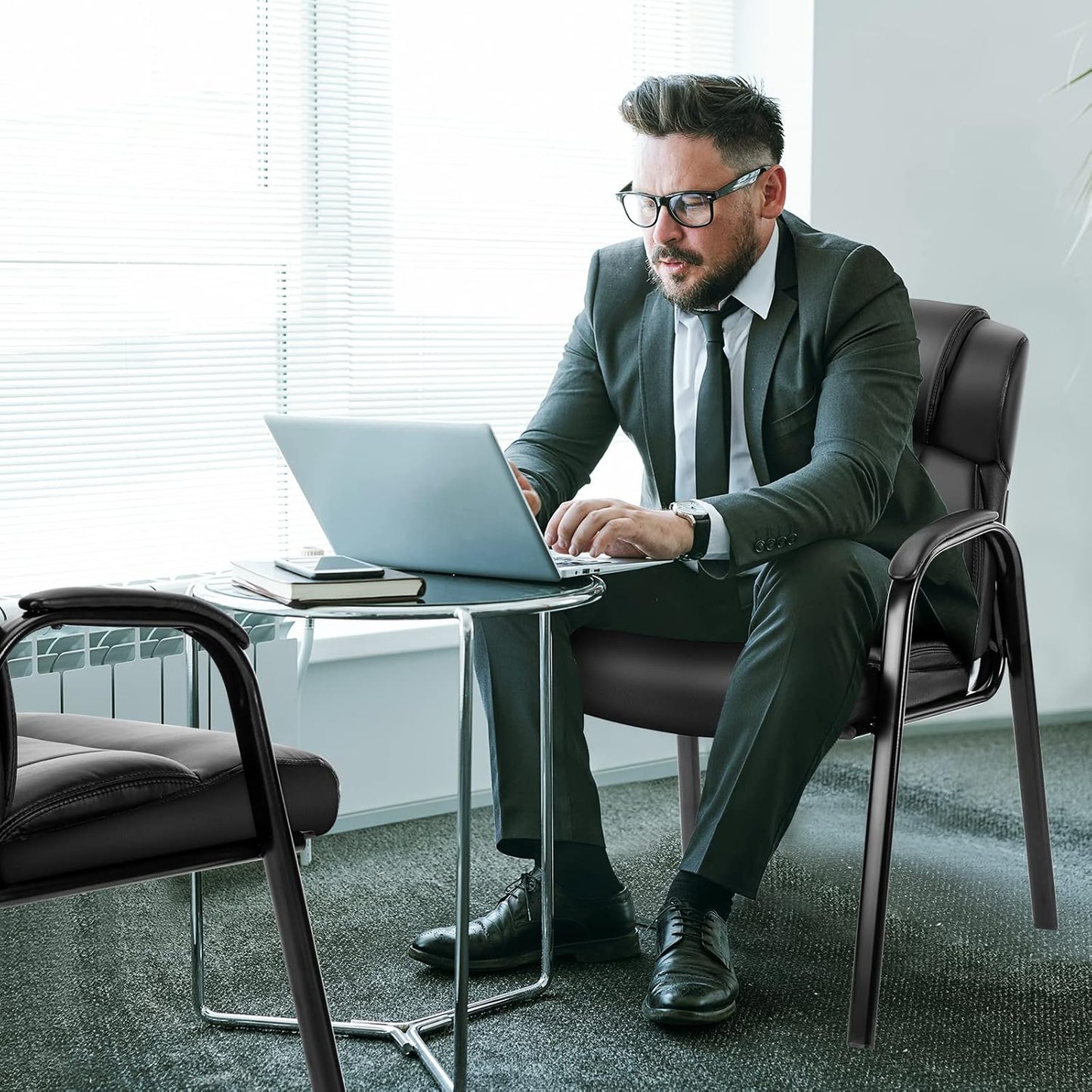 Waiting Room Chairs Set of 2, Leather Office Guest Chair No Wheels, Comfy Padded Arms and Seld Base, for Reception Conference Room