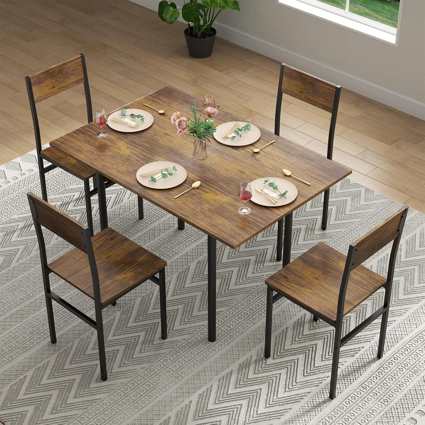 Dining Table Set for 2-6,Folding Dining Table with Storage Rack,5-Piece Extendable Kitchen Table Set with Space-Saving,Dining Room Table Set with 4 Chairs for Dinner Kitchen Office Furniture (Brown)